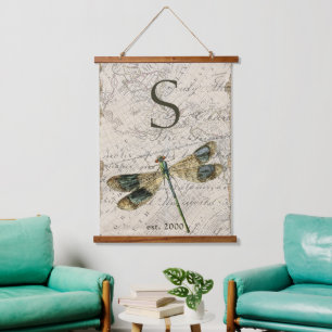 Rustic Vintage Dragonfly Monogram Hanging Tapestry