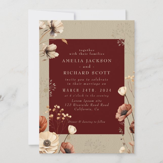 Rustic Vintage Dry wildflowers Burgundy Wedding  Invitation (Front)