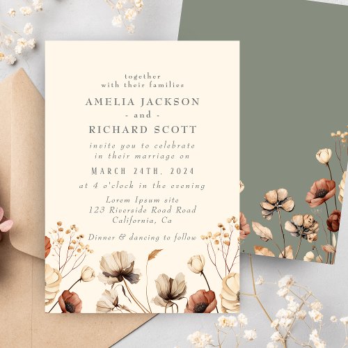 Rustic Vintage Dry wildflowers Sage green Wedding  Invitation