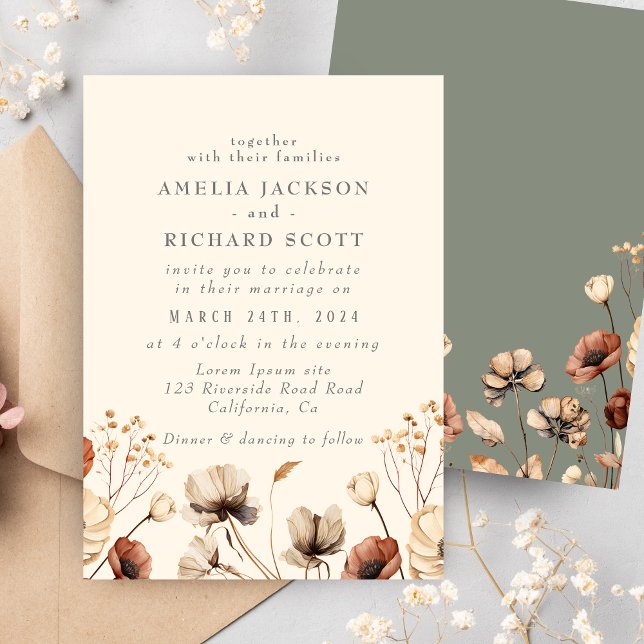 Rustic Vintage Dry wildflowers Sage green Wedding  Invitation (Creator Uploaded)