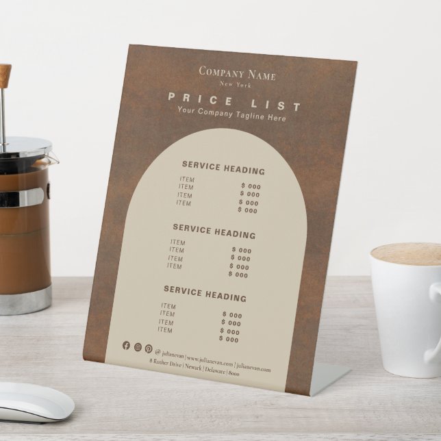 Rustic Vintage Earthy Tone Price List Pedestal Sign (In SItu)
