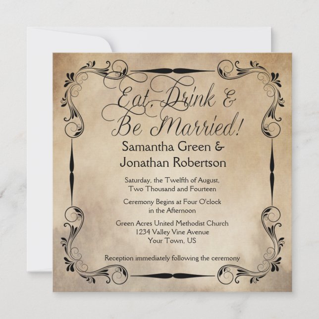 Rustic Vintage Eat Drink Be Married Wedding Invitation (Front)
