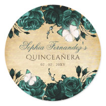 Rustic Vintage Emerald Green Floral Butterfly Classic Round Sticker