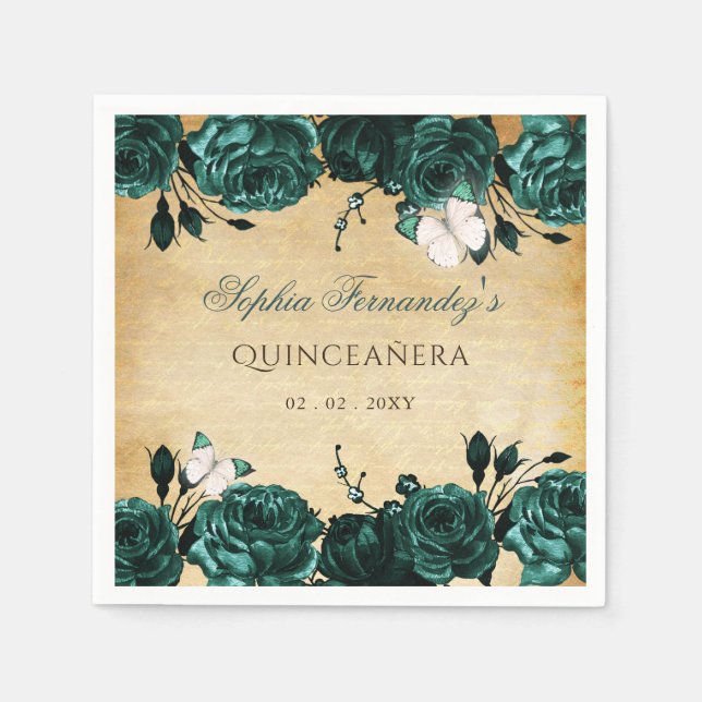 Rustic Vintage Emerald Green Floral Butterfly  Napkins (Front)