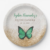 Rustic Vintage Emerald Green Gold Butterfly  Paper Plates