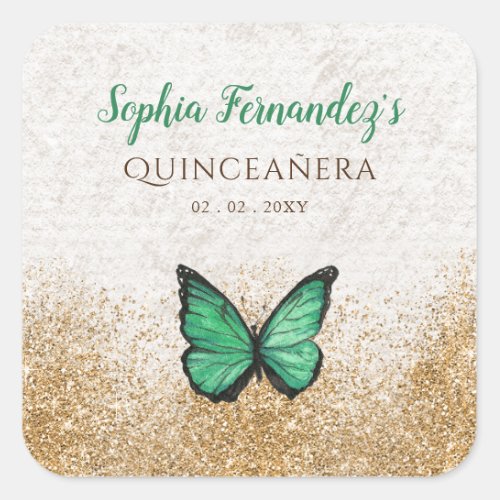 Rustic Vintage Emerald Green Gold Butterfly  Square Sticker