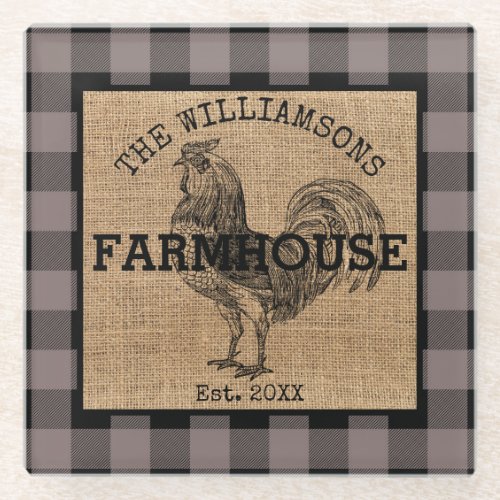 Rustic Vintage Family Name Farmhouse Rooster Plaid Glass Coaster