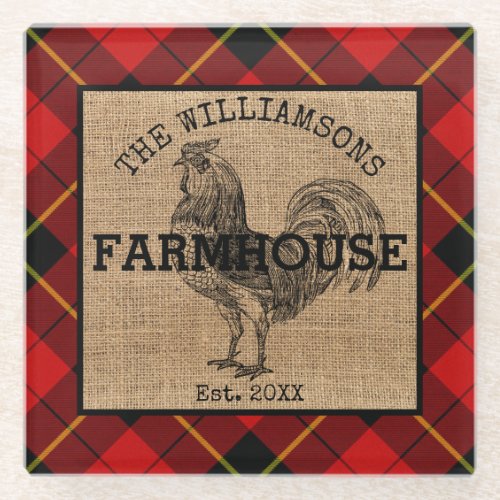 Rustic Vintage Family Name Farmhouse Rooster Plaid Glass Coaster