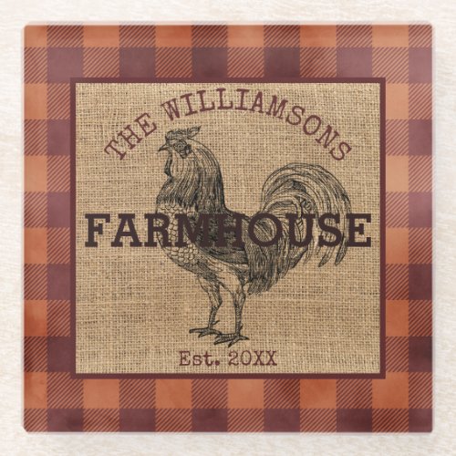 Rustic Vintage Family Name Farmhouse Rooster Plaid Glass Coaster