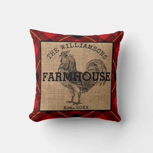 Rustic Vintage Family Name Farmhouse Rooster Plaid Throw Pillow