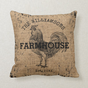 Rustic Vintage Family Name Farmhouse Rooster Throw Pillow