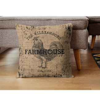 Rustic Vintage Family Name Farmhouse Rooster Throw Pillow