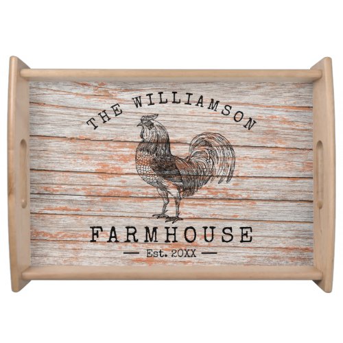 Rustic Vintage Family Name Farmhouse Rooster Wood Serving Tray