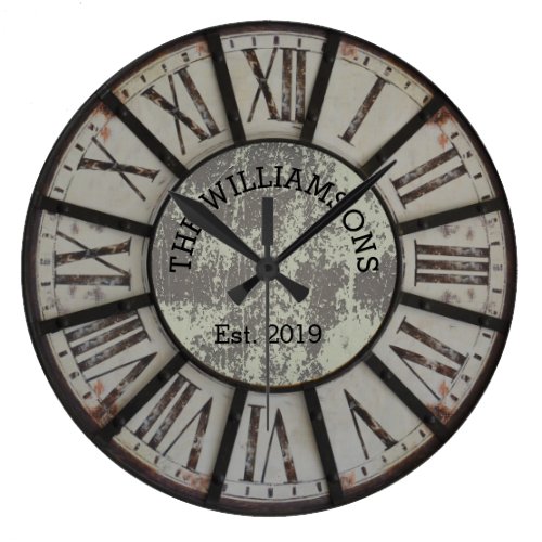 Rustic Vintage Family Name Roman Numeral Large Clock
