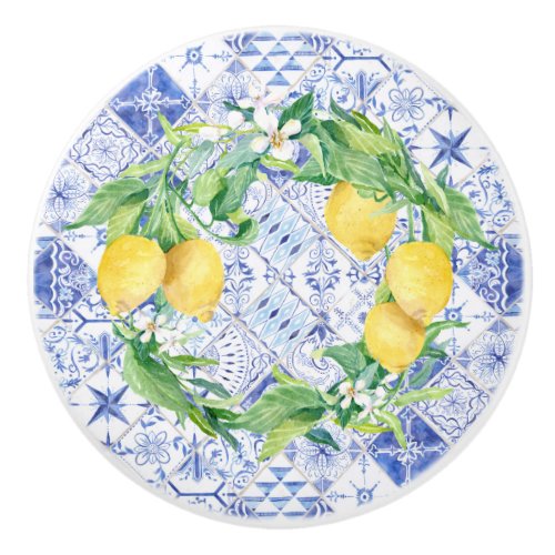 Rustic Vintage Farmhouse Lemon Blue White Tiles Ceramic Knob