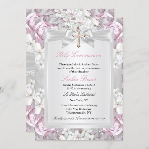 Rustic Vintage Floral First Communion Pink 2 Invitation