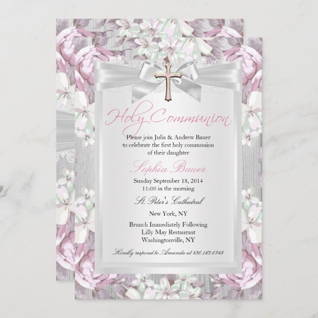 Rustic Vintage Floral First Communion Pink Invitation (Front/Back)