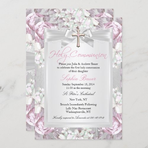 Rustic Vintage Floral First Communion Pink Invitation