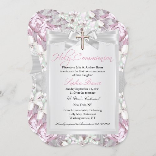 Rustic Vintage Floral First Communion Pink Invitation