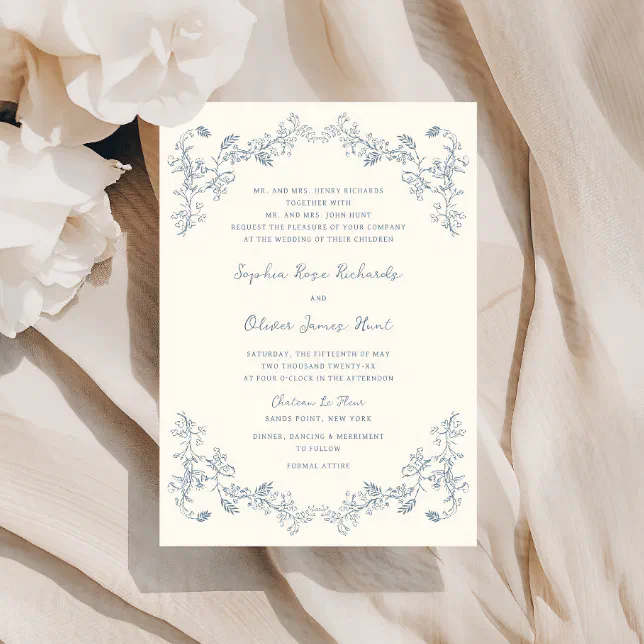 Rustic Vintage Floral Line Art Wedding Invitation | Zazzle