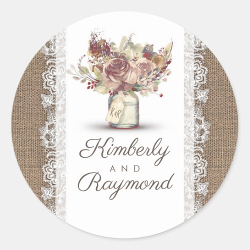 Rustic Vintage Floral Mason Jar  Burlap Wedding Classic Round Sticker