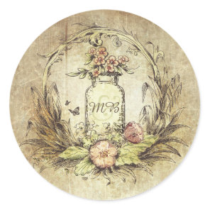 Rustic Vintage Floral Mason Jar Wedding Classic Round Sticker