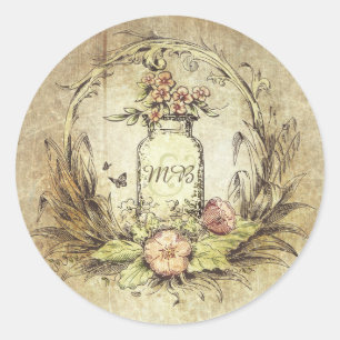 Rustic Vintage Floral Mason Jar Wedding Classic Round Sticker