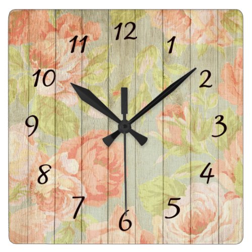 Rustic Vintage Floral Wood Rose Square Wall Clock Rustic Vintage Floral Wood Rose Square Wall Clock