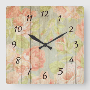 Rustic Vintage Floral Wood Rose Square Wall Clock