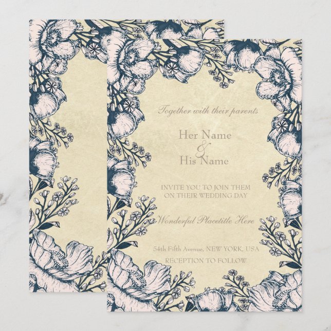 Rustic Vintage Flower Floral Wedding Invitation (Front/Back)