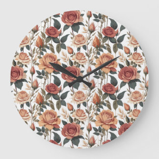 Rustic Vintage Flower Red Rose Nature Print Large Clock