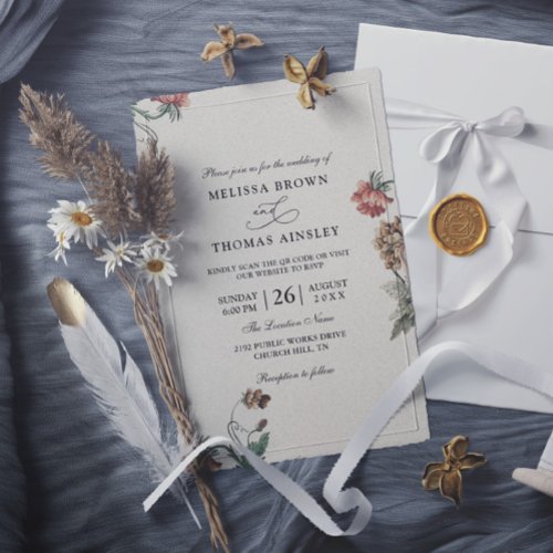 Rustic Vintage Flowers Budget Qr Code Wedding Invitation