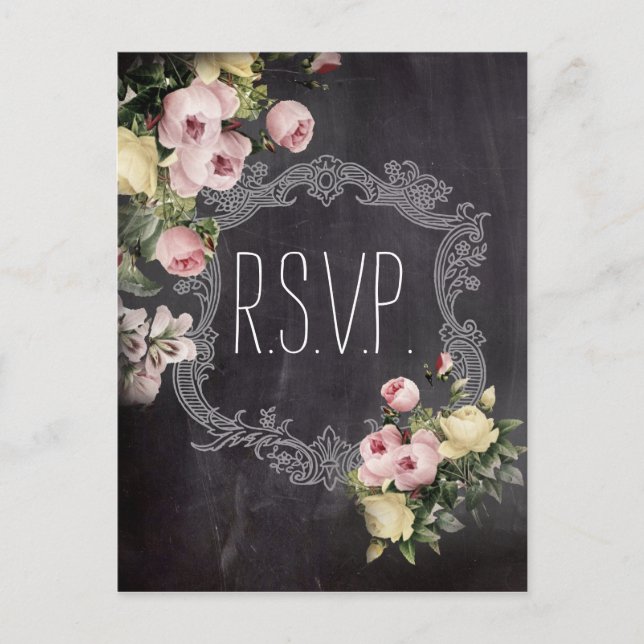 rustic vintage flowers Chalkboard wedding rsvp Invitation Postcard (Front)