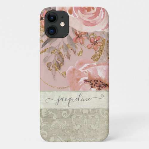 Rustic Vintage Flowers Earthy Pink Gold Gray Swirl iPhone 11 Case