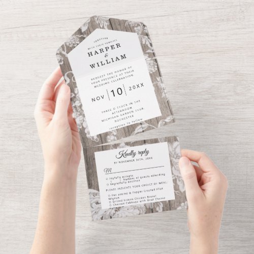 Rustic vintage flowers on weathered planks wedding all in one invitation