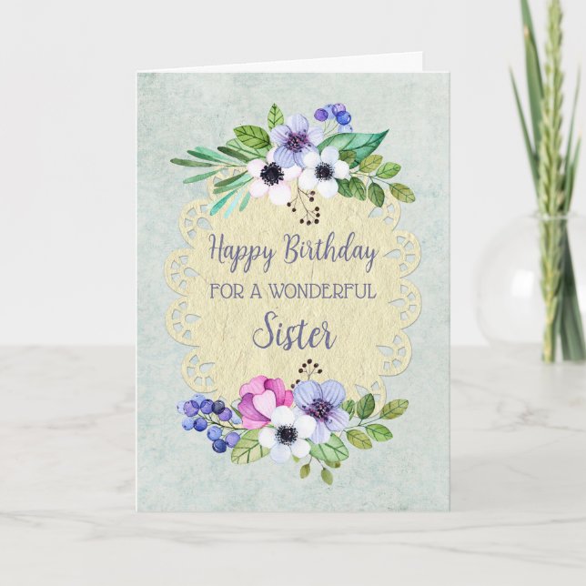 Rustic Vintage Flowers Sister Birthday Card (Front)