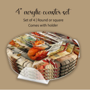 Rustic Vintage Fox Books Woodland Fall Autumn Coaster Set