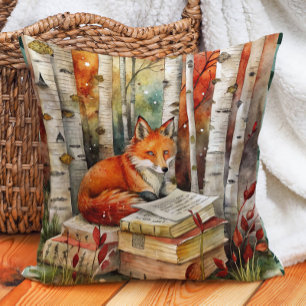 Rustic Vintage Fox Books Woodland Fall Autumn Throw Pillow