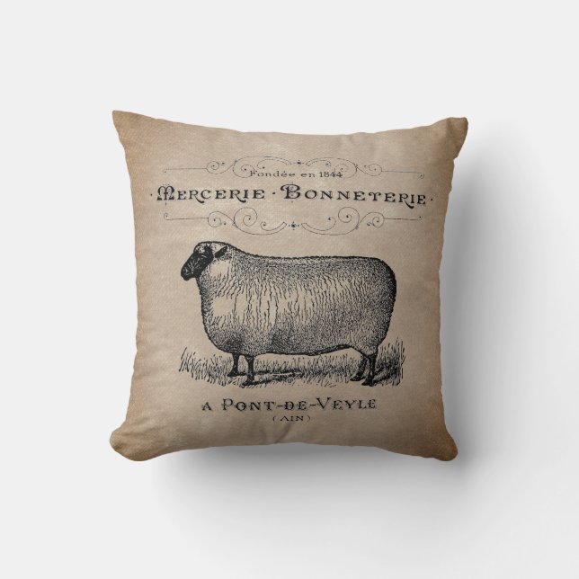 Rustic Vintage French Sheep Aged Muslin  Throw Pillow (Front)