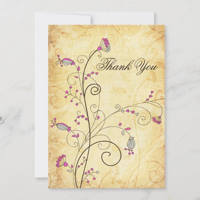 rustic vintage fuchsia floral wedding Thank You Invitation (Front)