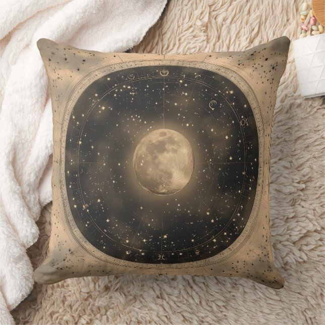 Rustic Vintage Full Moon Celestial Design Throw Pillow (Blanket)