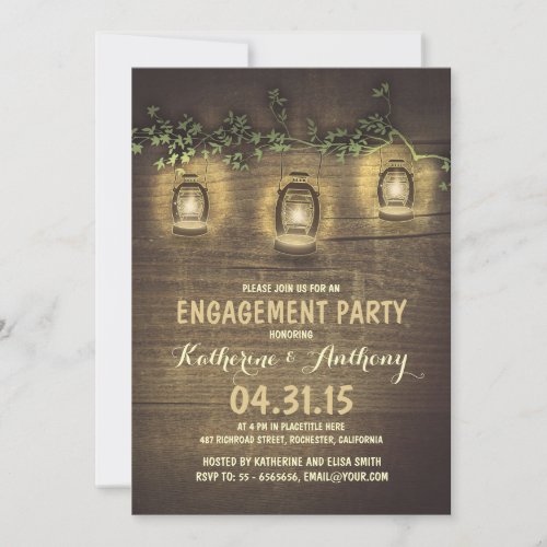 rustic vintage garden lights wood engagement party invitation - Wooden engagement party invitation with rustic garden lights - lanterns hanging on the tree branch. Romantic vintage engagement party invitation for fall, spring, summer or winter engagement parties.