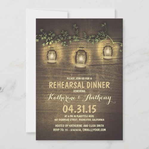rustic vintage garden lights wood rehearsal dinner invitation - Wooden rehearsal dinner invitation with rustic garden lights - lanterns hanging on the tree branch. Romantic vintage rehearsal dinner invitation for fall, spring, summer or winter rehearsal dinners.