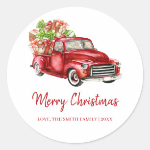 Rustic Vintage Gift Box Red Truck Merry Christmas Classic Round Sticker