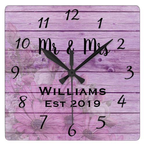 Rustic Vintage Girly Floral Pink Distressed Wood Square Wall Clock