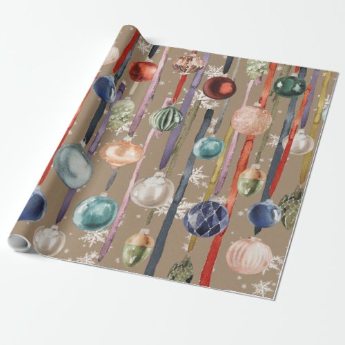 Rustic Vintage Glass Ornaments Hanging On Ribbon Wrapping Paper