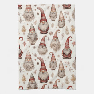 Rustic Vintage Gnome Garden Watercolor Pattern Kitchen Towel