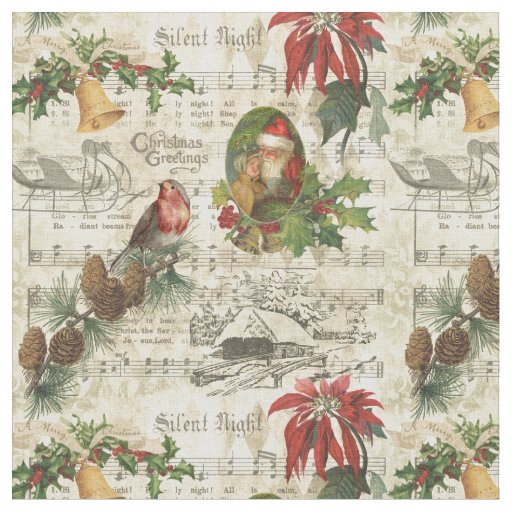 Rustic Vintage Gold Floral Christmas Ephemera Fabric