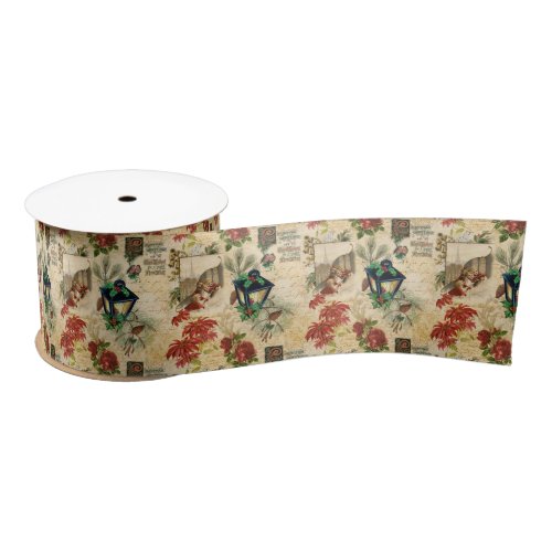 Rustic Vintage Gold Floral Christmas Ephemera Satin Ribbon