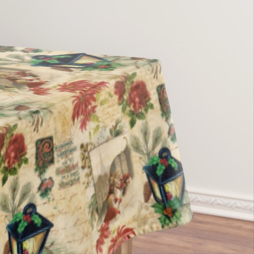 Rustic Vintage Gold Floral Christmas Ephemera Tablecloth